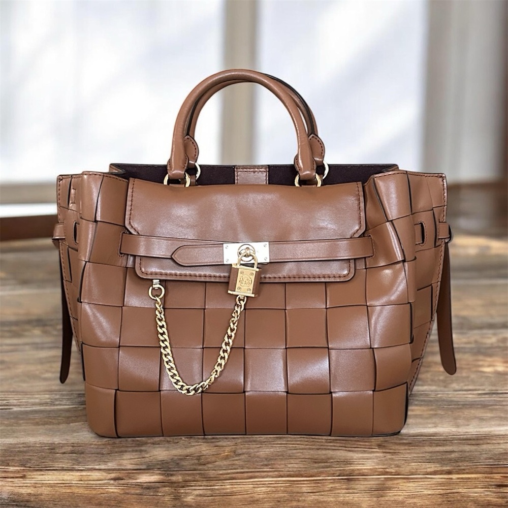 Michael Kors Woven Leather Satchel in Cognac Brown with Gold Hardware - Picture 2 of 12